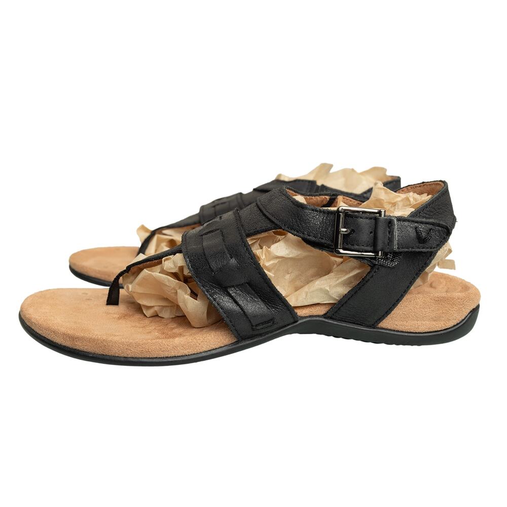 Women's Classic Black Vionic Lupe Leather Slingback Buckle Thong Sandals - Sz 6